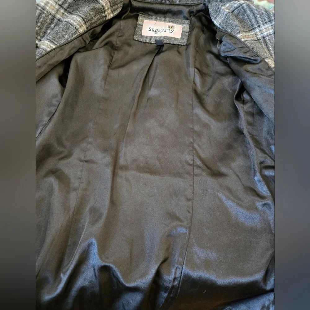 Sugarfly Girls Coats Sz M Wool Poly Plaid Peacoat Jacket Pleated Metal Buttons